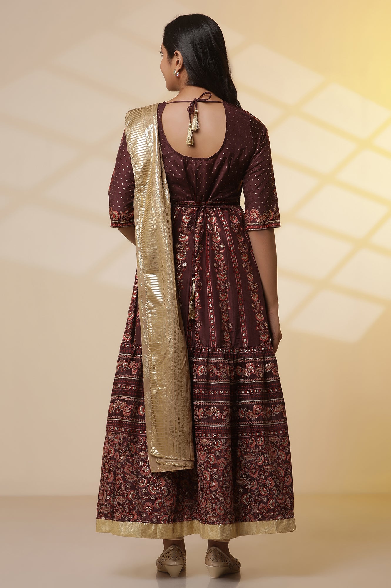 Dark-Wine-Foil-Printed-Flared-Dress,-Tights-and-Dupatta-Set