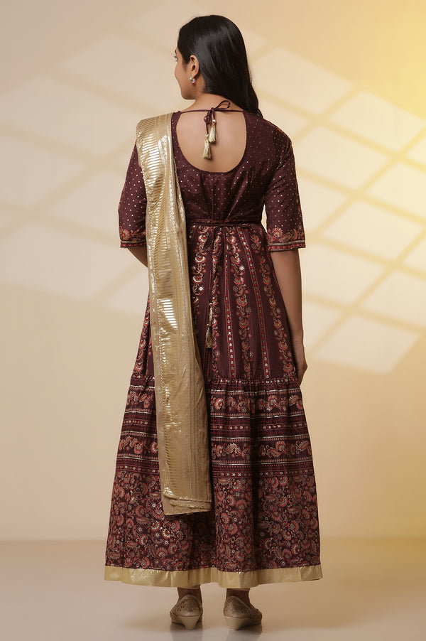 Dark Wine Foil Printed Flared Dress, Tights and Dupatta Set