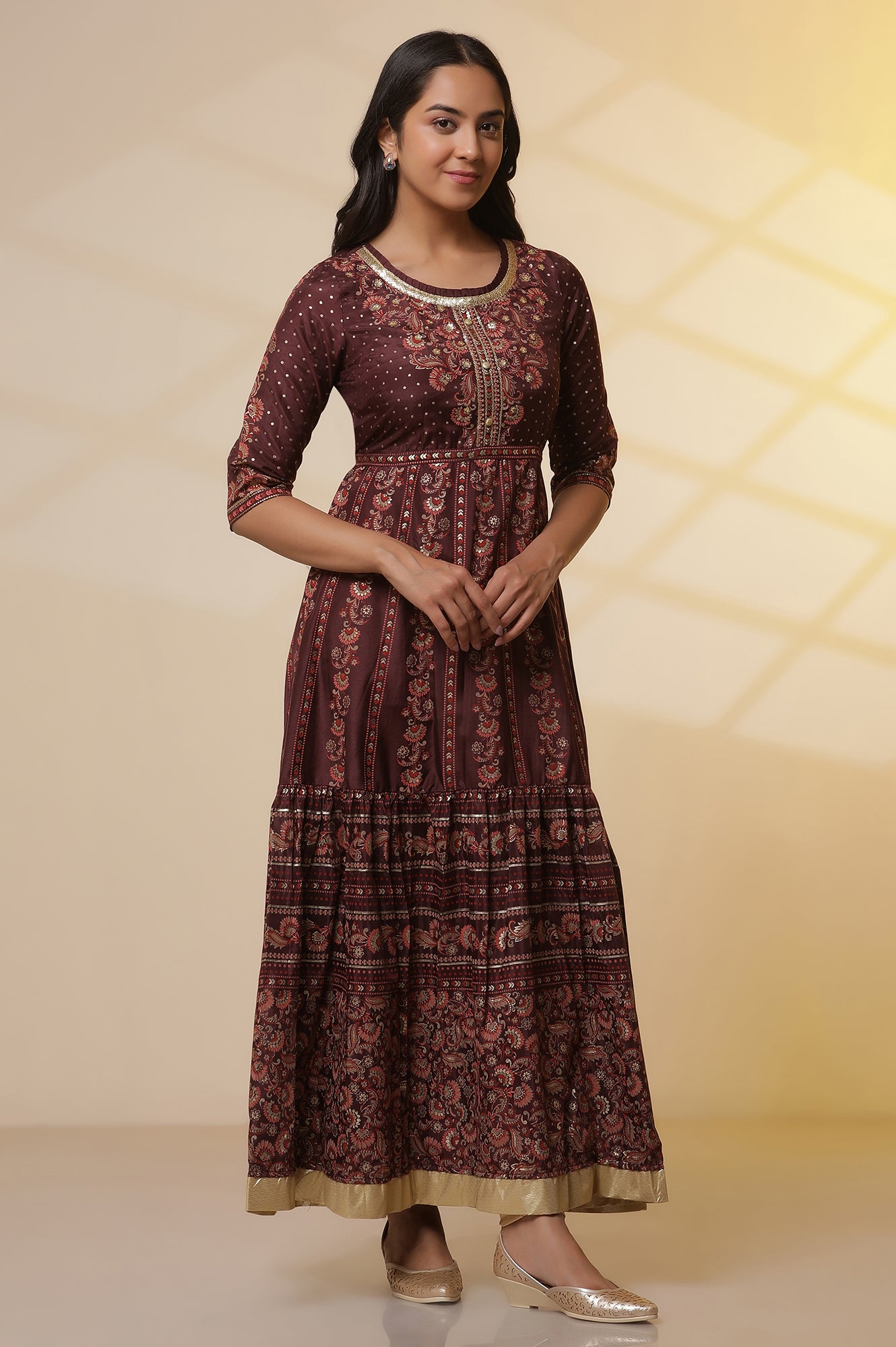 Dark-Wine-Foil-Printed-Flared-Dress,-Tights-and-Dupatta-Set