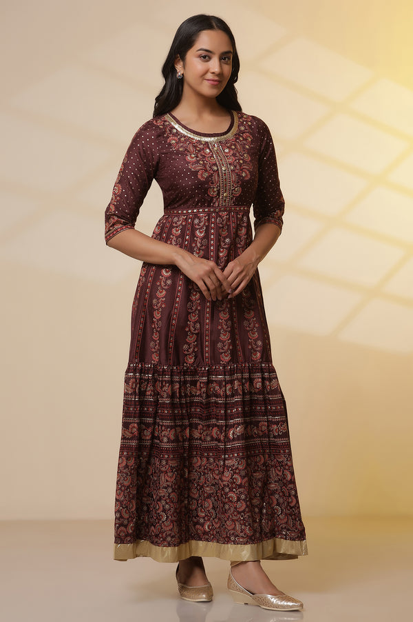 Dark Wine Foil Printed Flared Dress, Tights and Dupatta Set