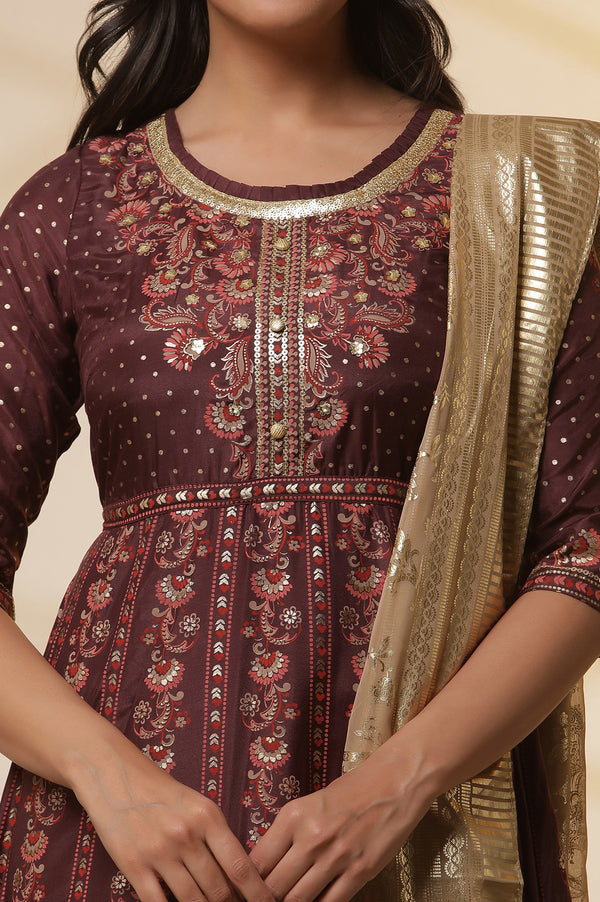 Dark Wine Foil Printed Flared Dress, Tights and Dupatta Set