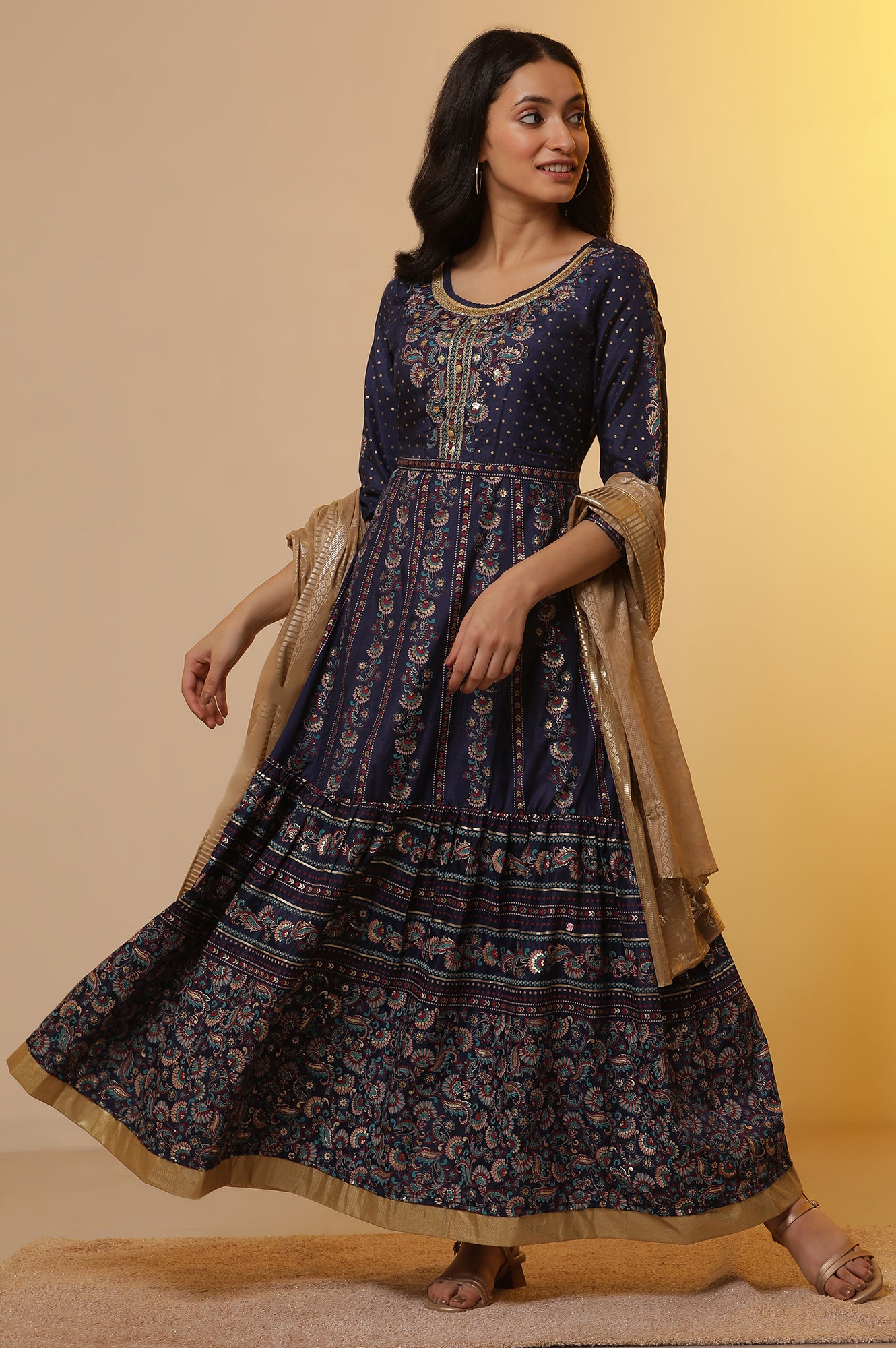 Navy Blue Foil Printed Flared Dress, Tights and Dupatta Set