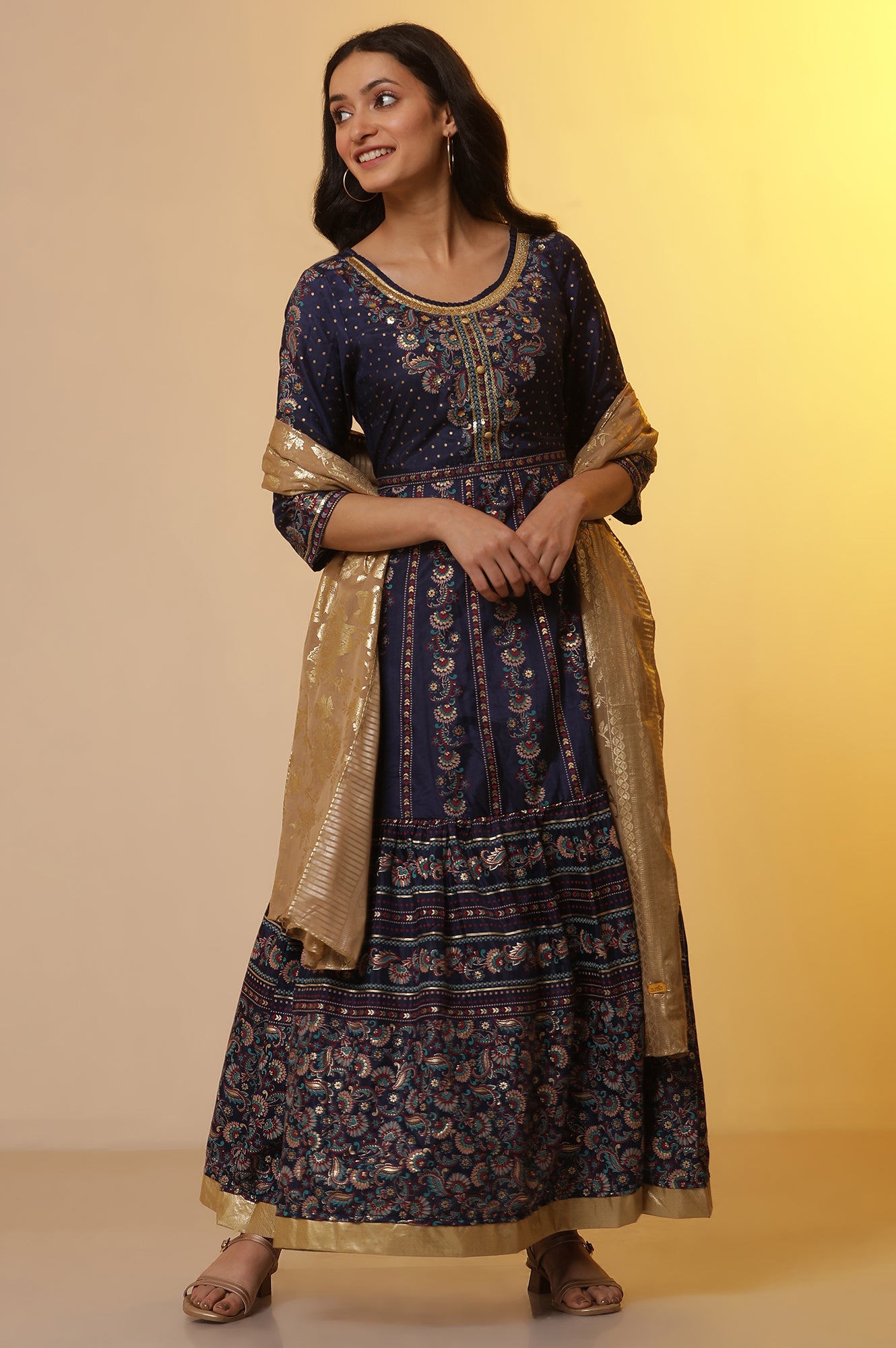 Navy Blue Foil Printed Flared Dress, Tights and Dupatta Set