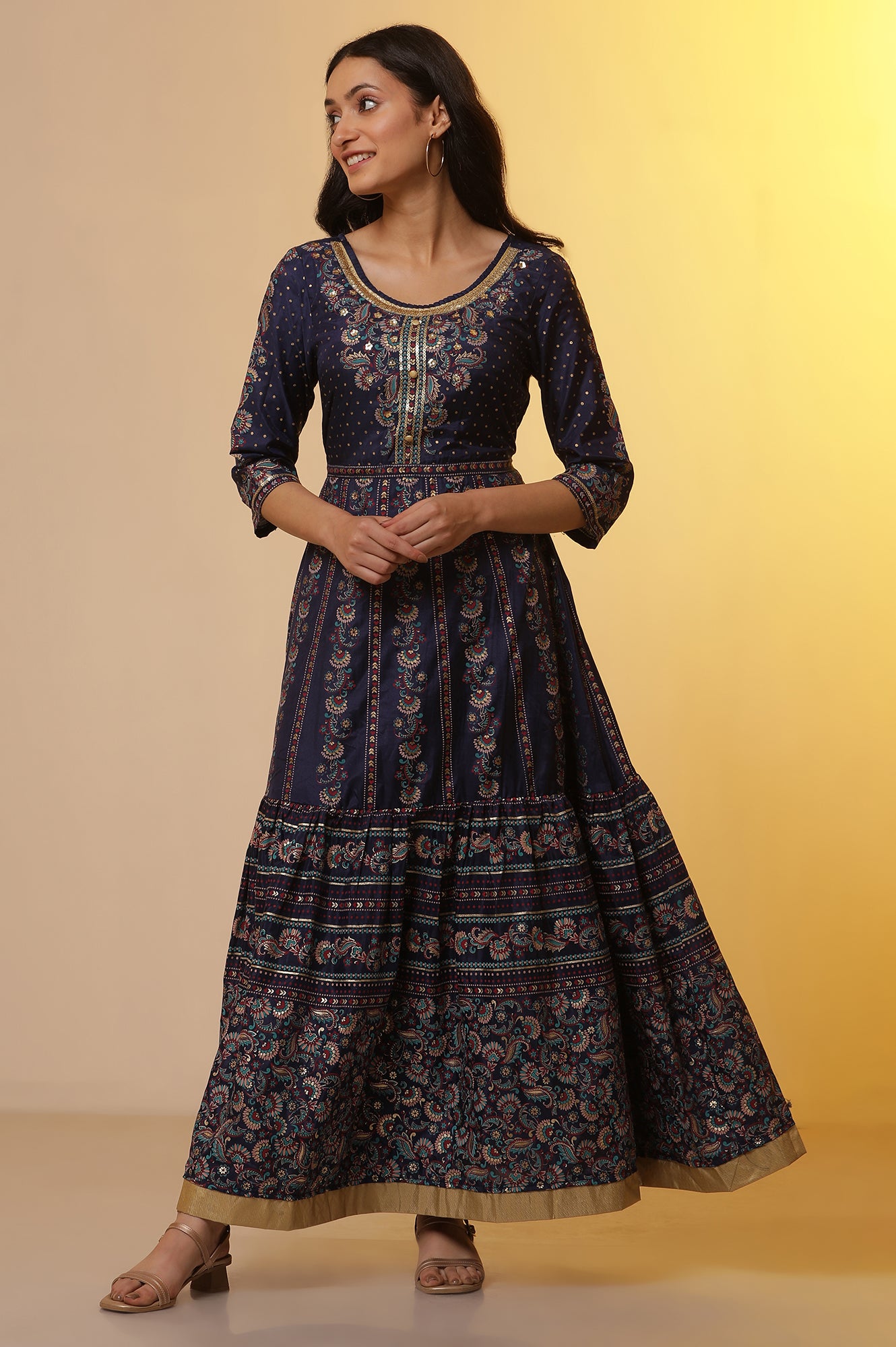 Navy Blue Foil Printed Flared Dress, Tights and Dupatta Set