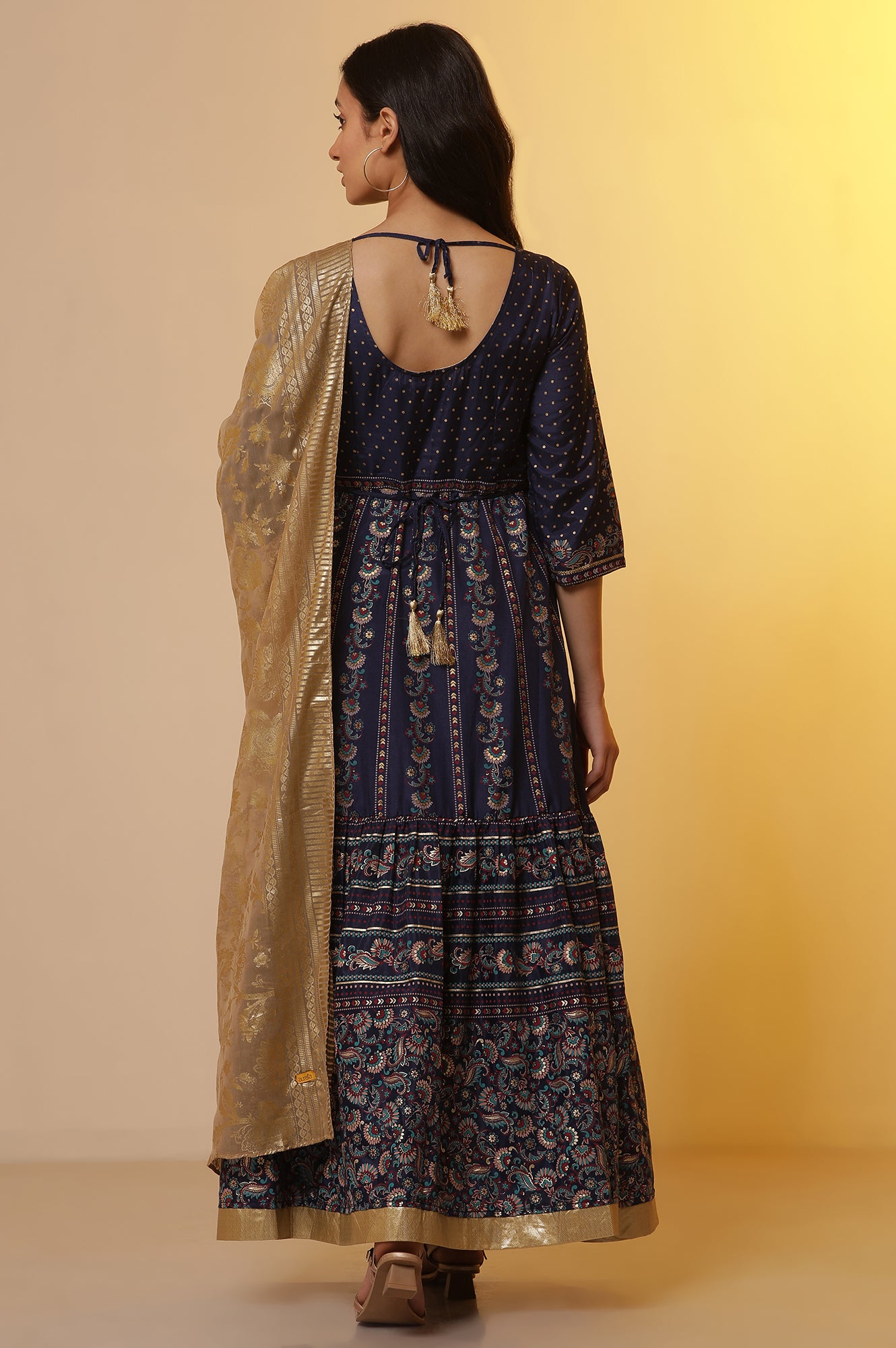 Navy Blue Foil Printed Flared Dress, Tights and Dupatta Set