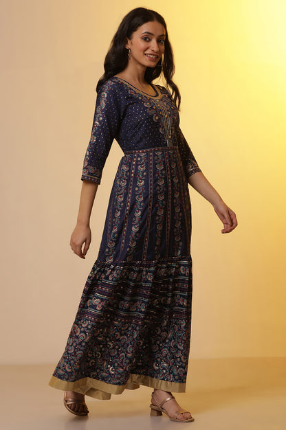 Navy Blue Foil Printed Flared Dress, Tights and Dupatta Set