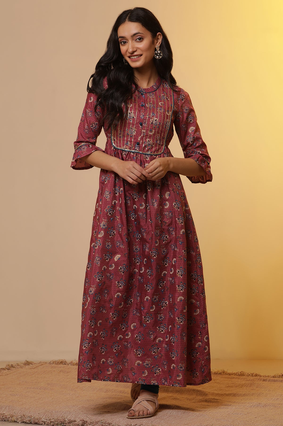 Pink Printed Embroidered A-line Kurta and Tights Set - S