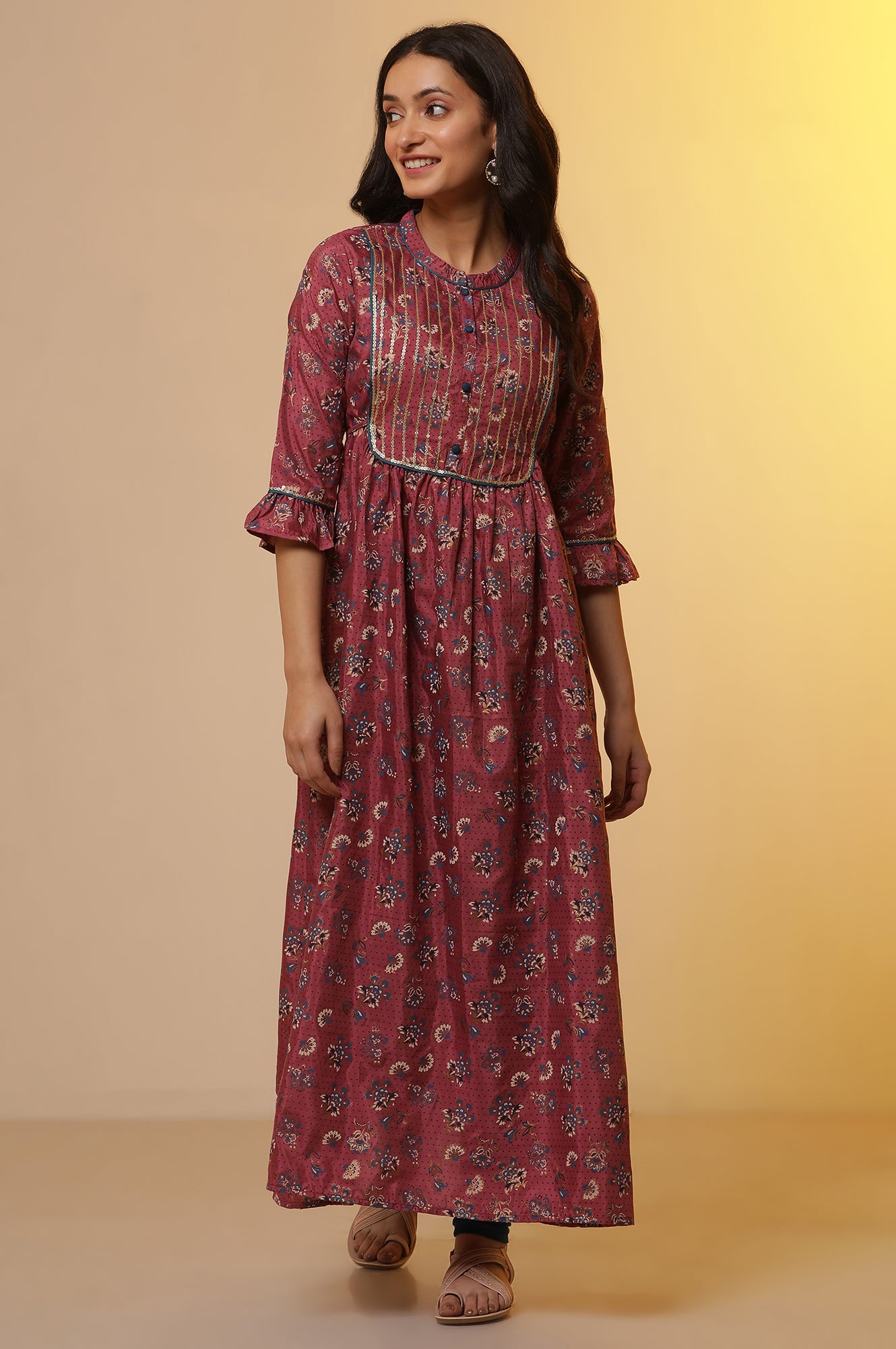 Pink Printed Embroidered A-line Kurta and Tights Set