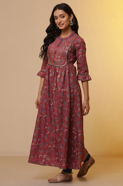 Pink Printed Embroidered A-line Kurta and Tights Set