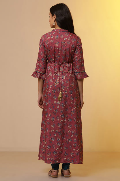 Pink Printed Embroidered A-line Kurta and Tights Set