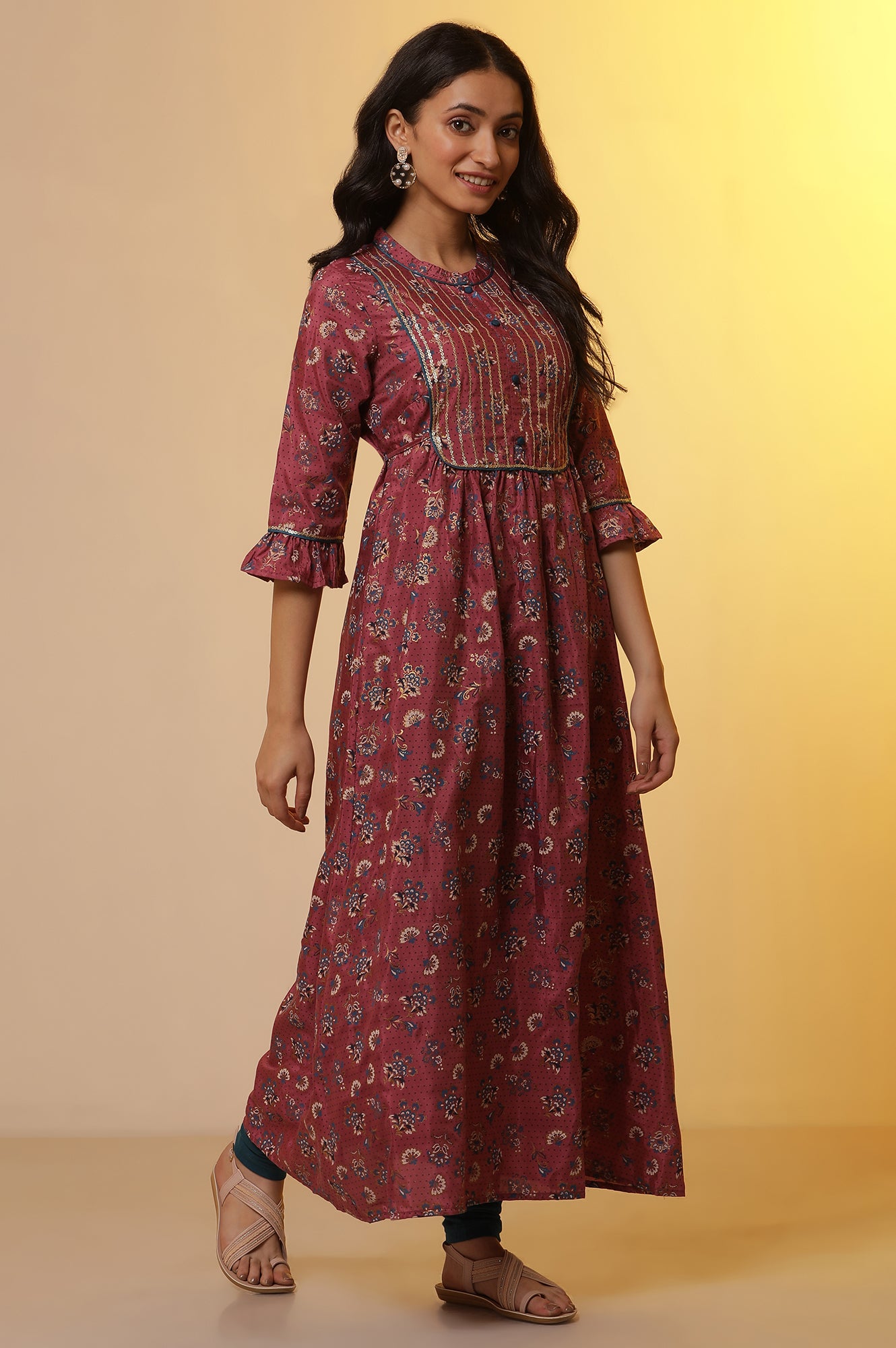 Pink Printed Embroidered A-line Kurta and Tights Set