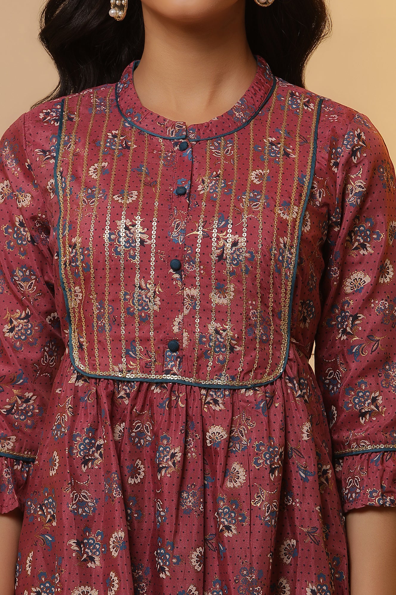 Pink Printed Embroidered A-line Kurta and Tights Set