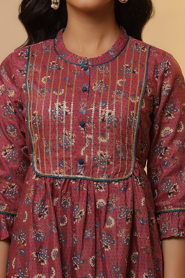 Pink Printed Embroidered A-line Kurta and Tights Set
