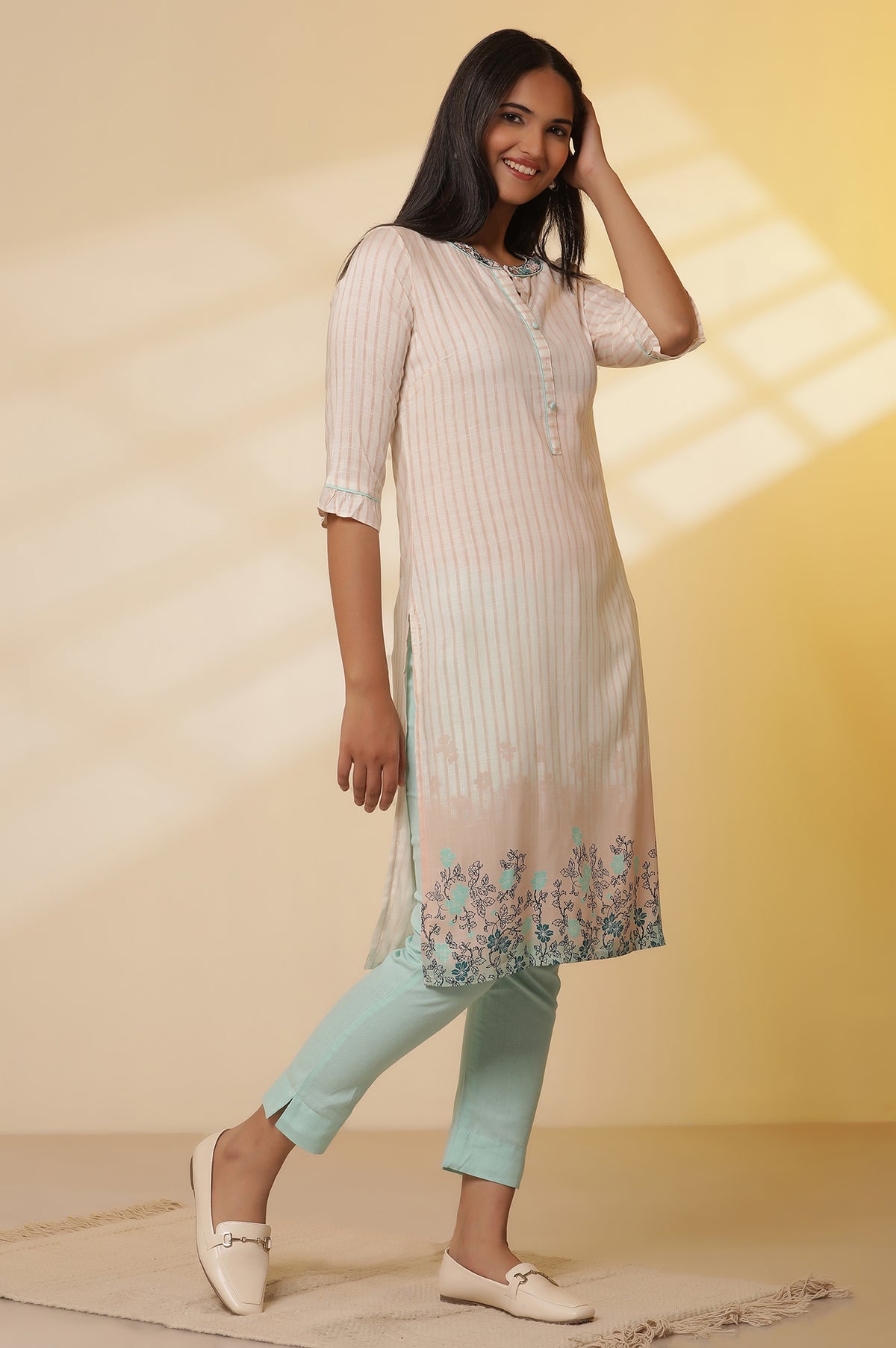 Off White Striped Band Collar Kurta and Trousers Set - XS