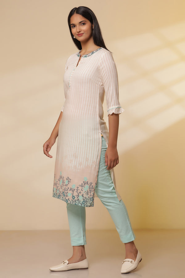 Off White Striped Band Collar Kurta and Trousers Set