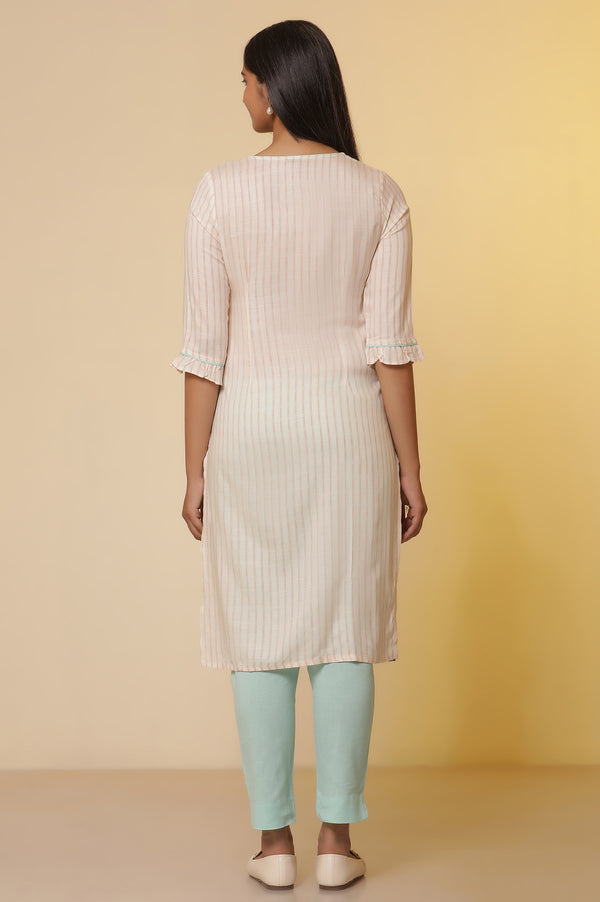 Off White Striped Band Collar Kurta and Trousers Set