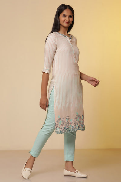 Off White Striped Band Collar Kurta and Trousers Set