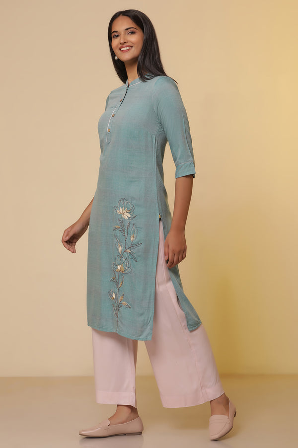 Blue Thread Embroidered Straight Kurta and Palazzo Set