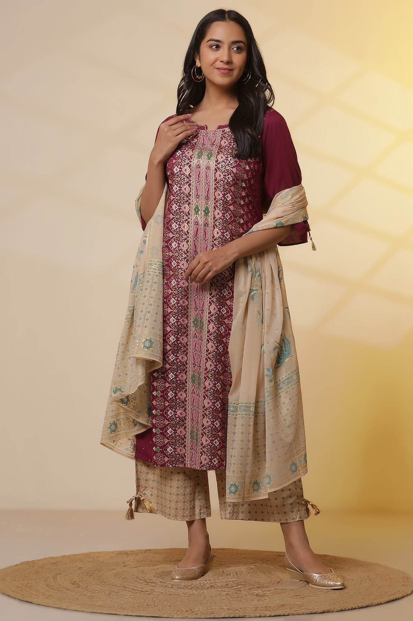 Purple-Foil-Printed-Sequined-LIVA-Kurta,-Printed-Culottes-and-Dupatta-Set