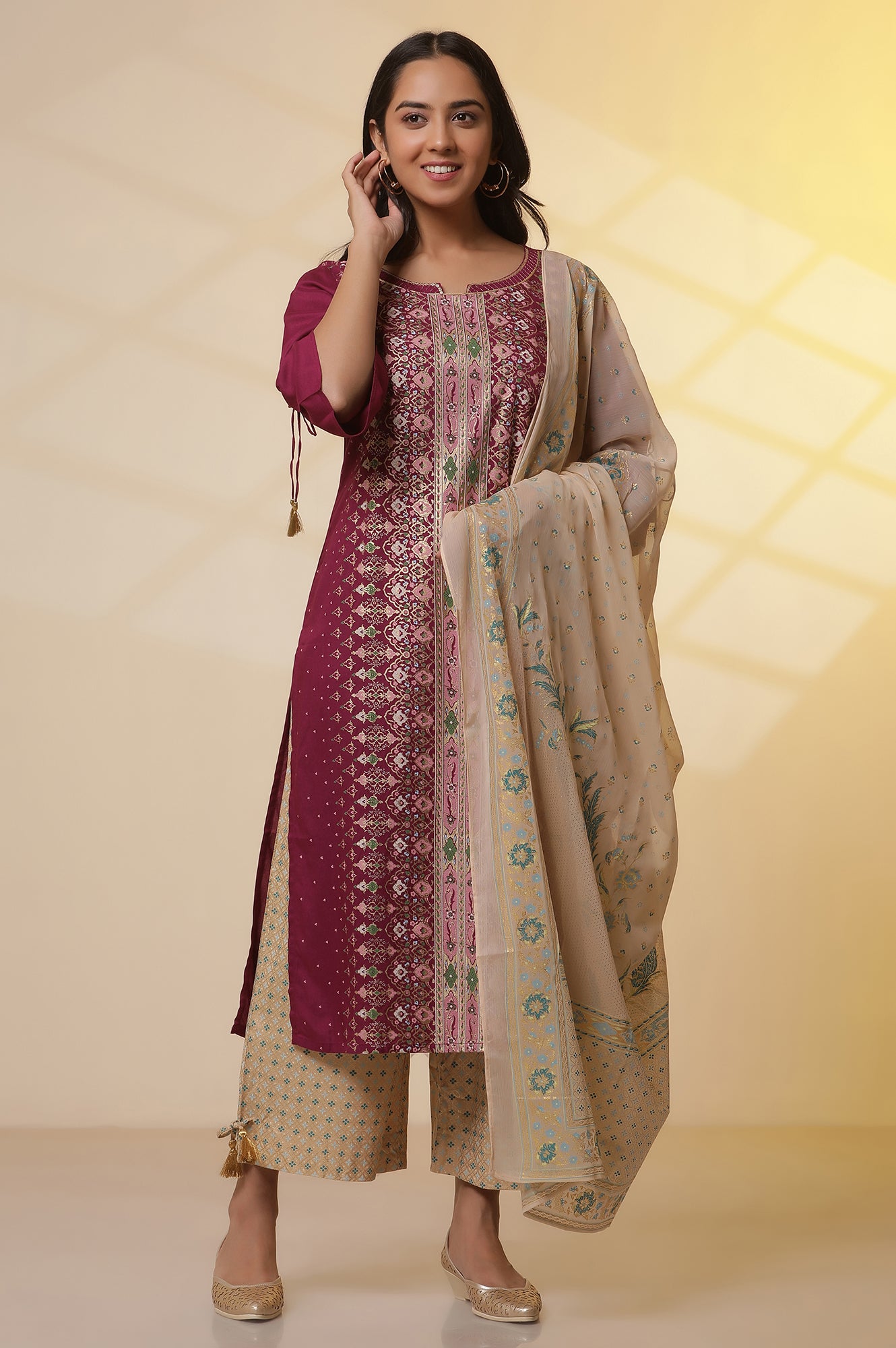 Purple-Foil-Printed-Sequined-LIVA-Kurta,-Printed-Culottes-and-Dupatta-Set