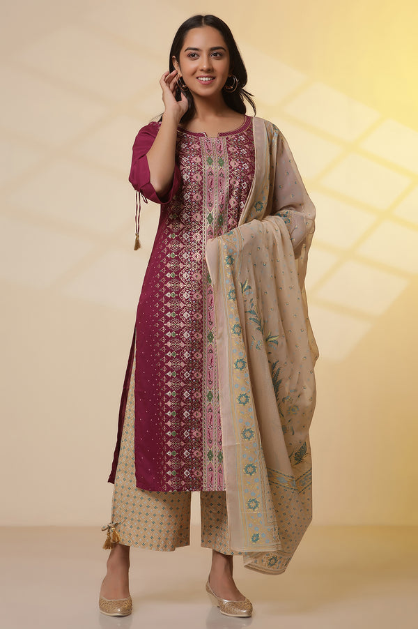 Purple Foil Printed Sequined LIVA Kurta, Printed Culottes and Dupatta Set