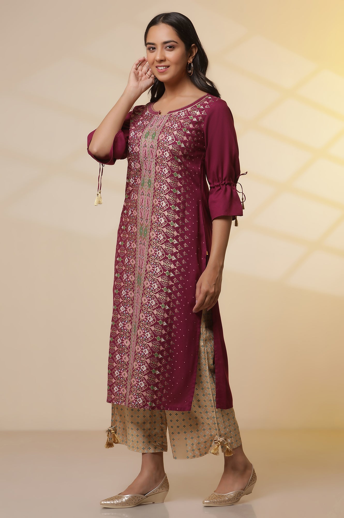 Purple-Foil-Printed-Sequined-LIVA-Kurta,-Printed-Culottes-and-Dupatta-Set