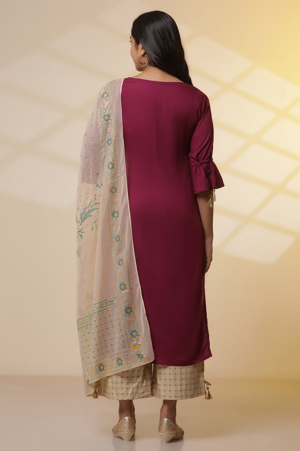 Purple Foil Printed Sequined LIVA Kurta, Printed Culottes and Dupatta Set
