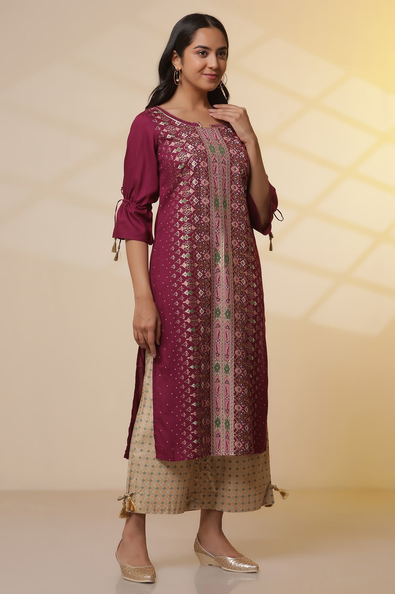 Purple-Foil-Printed-Sequined-LIVA-Kurta,-Printed-Culottes-and-Dupatta-Set