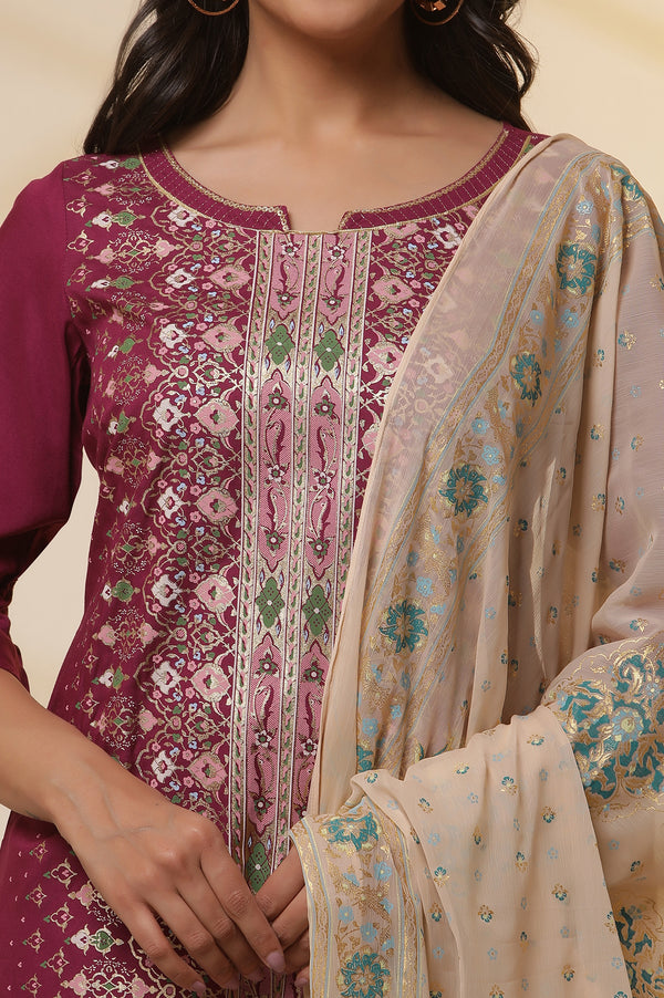 Purple Foil Printed Sequined LIVA Kurta, Printed Culottes and Dupatta Set