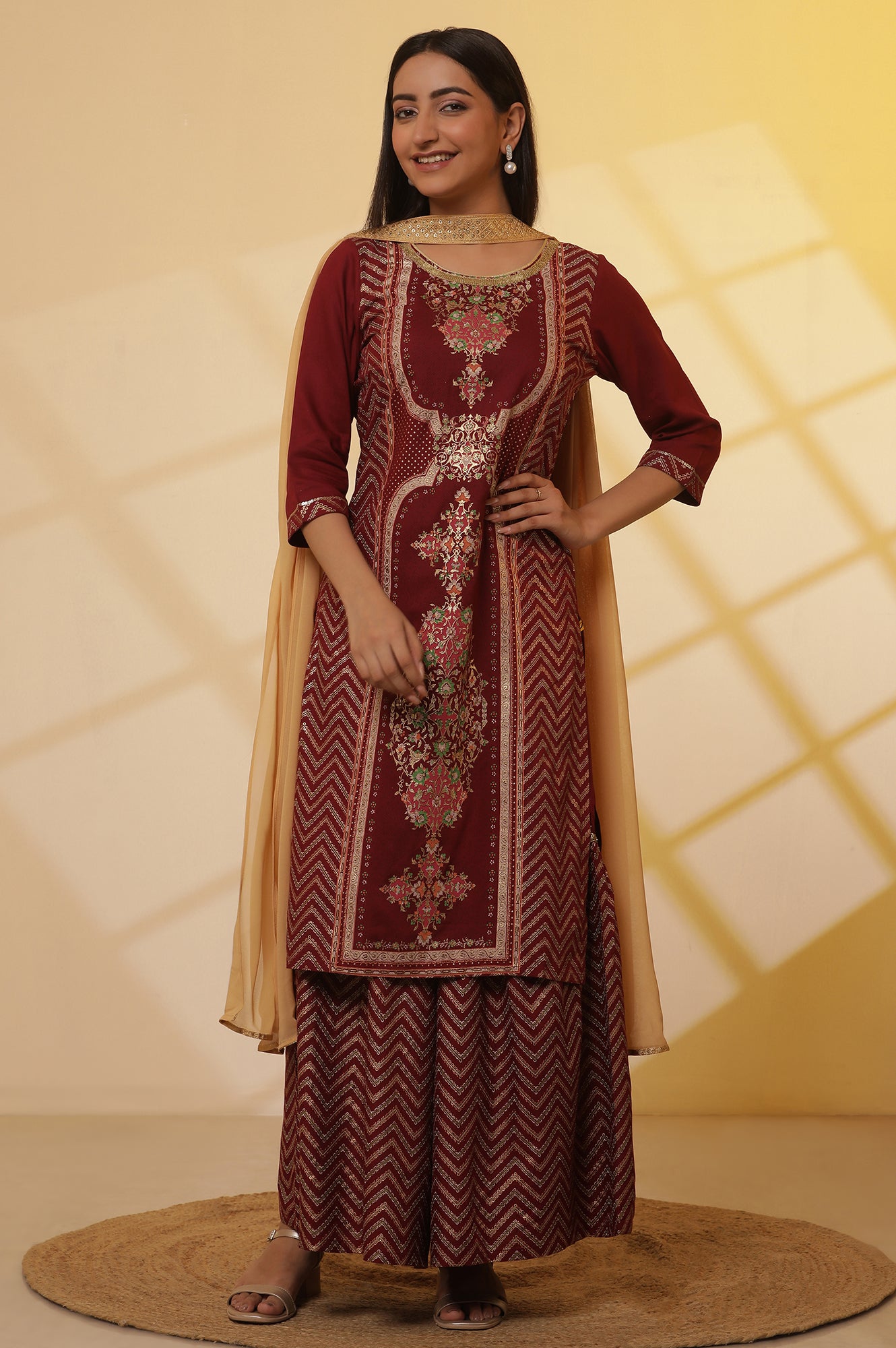 Maroon-Floral-Printed-Sequined-Kurta,-Sharara-Set-with-Gold-Chocker-Dupatta