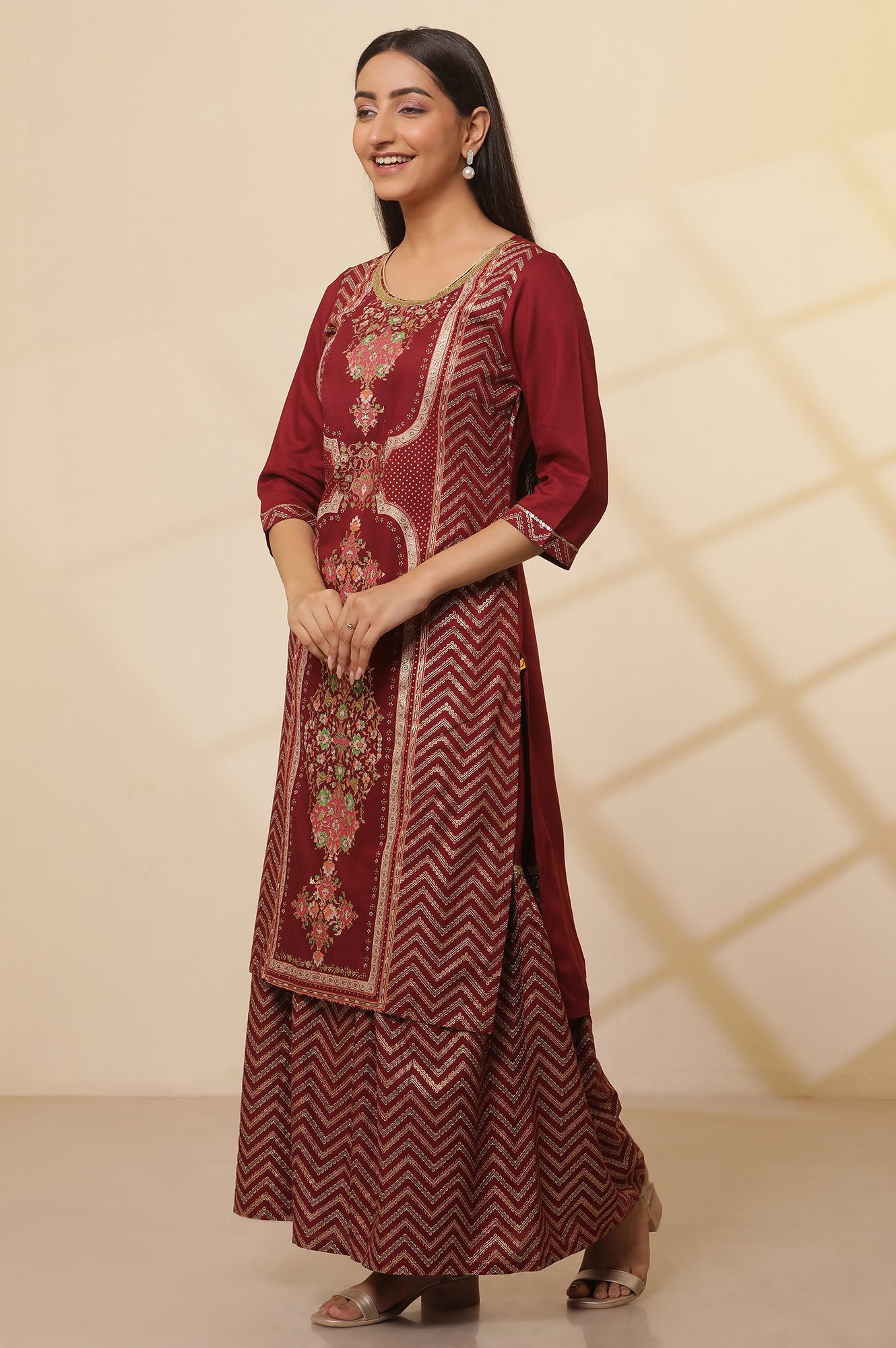 Maroon-Floral-Printed-Sequined-Kurta,-Sharara-Set-with-Gold-Chocker-Dupatta