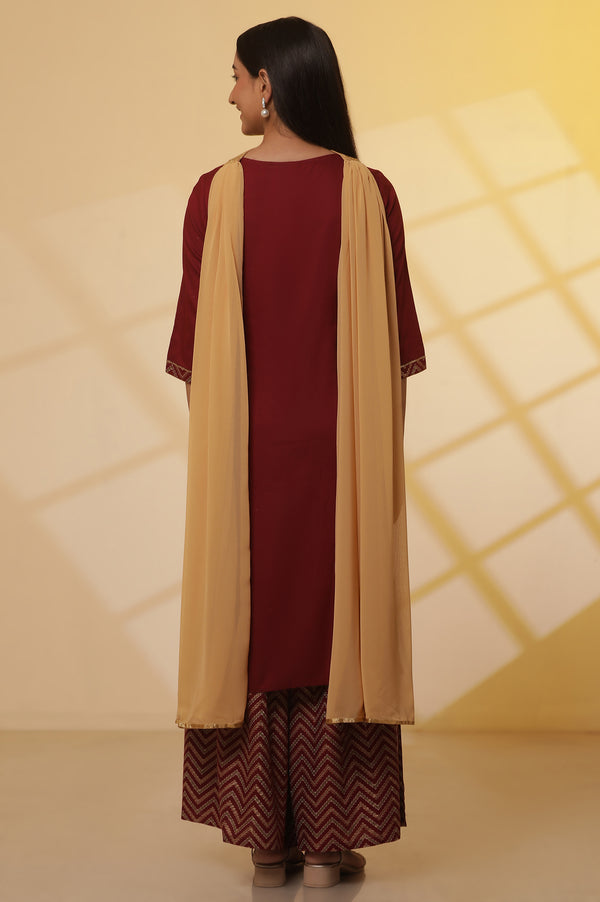 Maroon Floral Printed Sequined Kurta, Sharara Set with Gold Chocker Dupatta