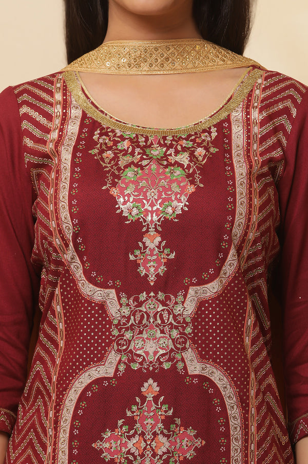 Maroon Floral Printed Sequined Kurta, Sharara Set with Gold Chocker Dupatta