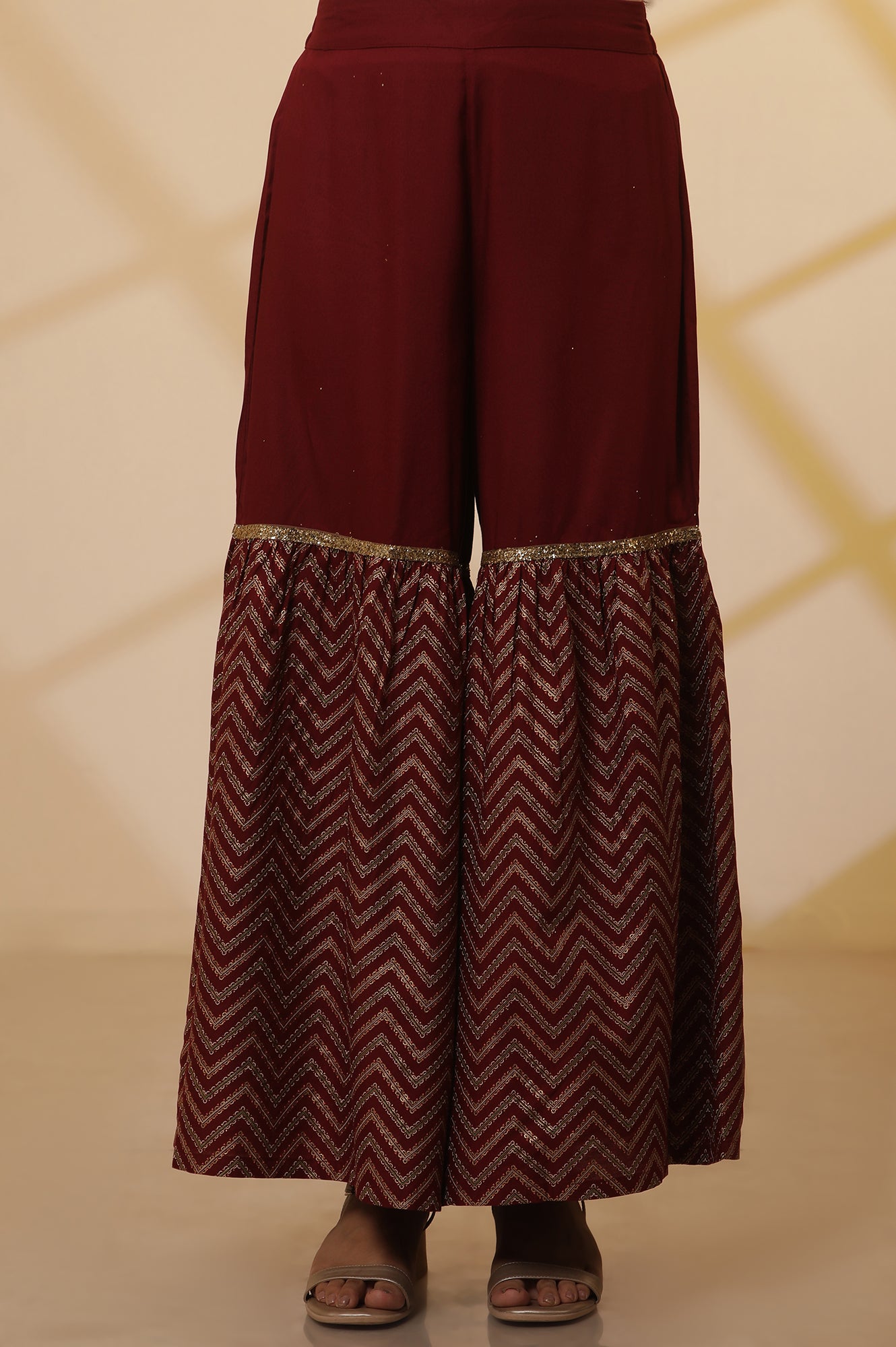 Maroon-Floral-Printed-Sequined-Kurta,-Sharara-Set-with-Gold-Chocker-Dupatta