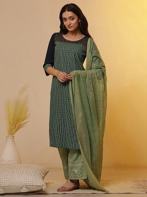 Blue Colour-Block Printed Kurta, Palazzo and Dupatta Set