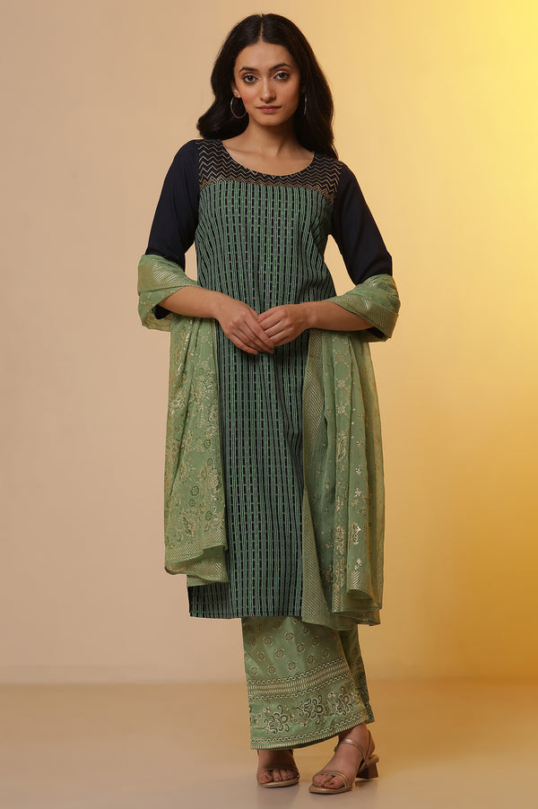Blue Colour-Block Printed Kurta, Palazzo and Dupatta Set