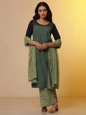 Blue Colour-Block Printed Kurta, Palazzo and Dupatta Set