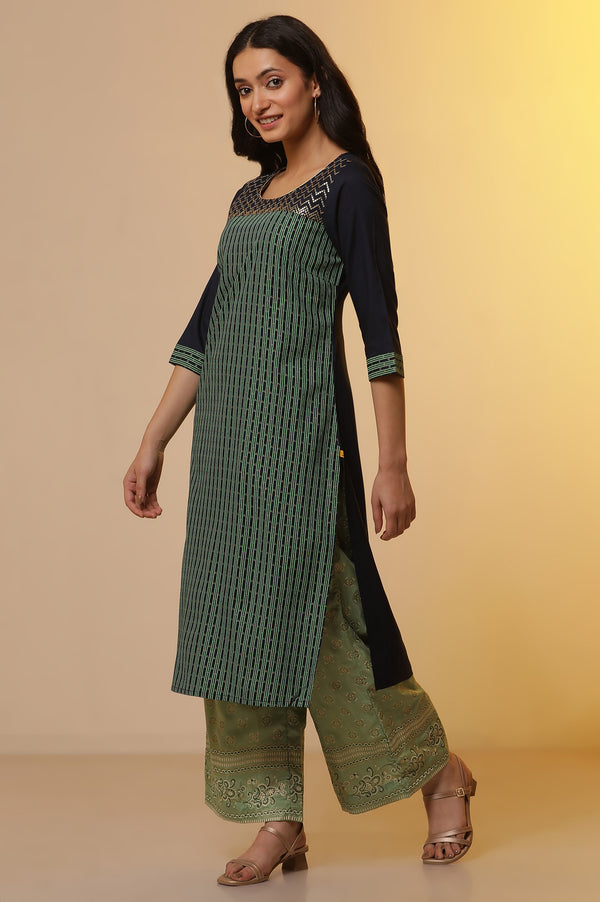 Blue Colour-Block Printed Kurta, Palazzo and Dupatta Set