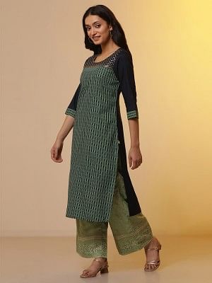 Blue Colour-Block Printed Kurta, Palazzo and Dupatta Set