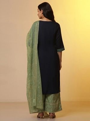 Blue Colour-Block Printed Kurta, Palazzo and Dupatta Set