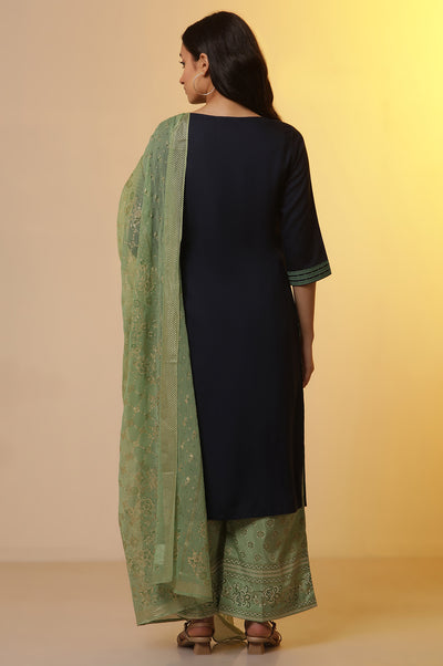 Blue Colour-Block Printed Kurta, Palazzo and Dupatta Set
