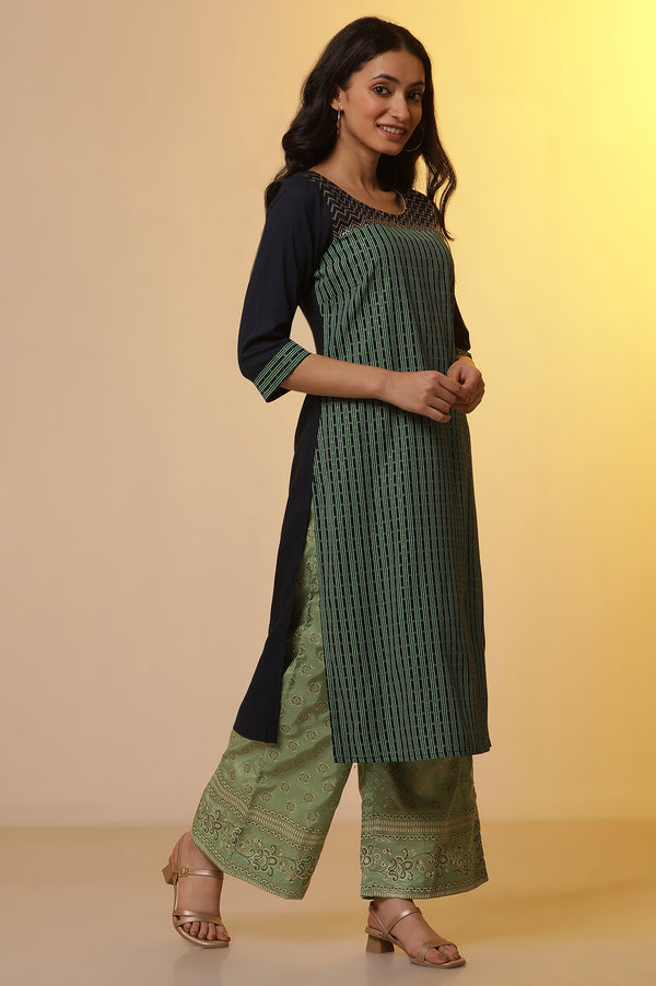 Blue Colour-Block Printed Kurta, Palazzo and Dupatta Set