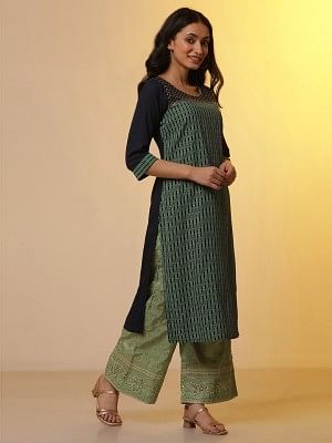 Blue Colour-Block Printed Kurta, Palazzo and Dupatta Set