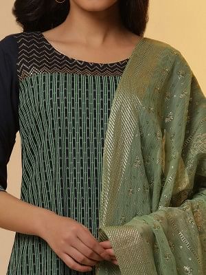 Blue Colour-Block Printed Kurta, Palazzo and Dupatta Set