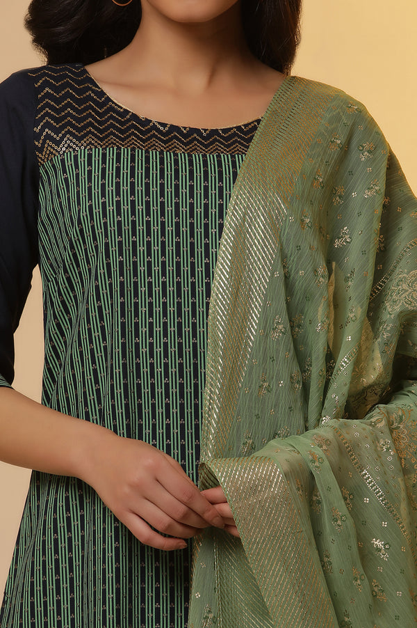 Blue Colour-Block Printed Kurta, Palazzo and Dupatta Set