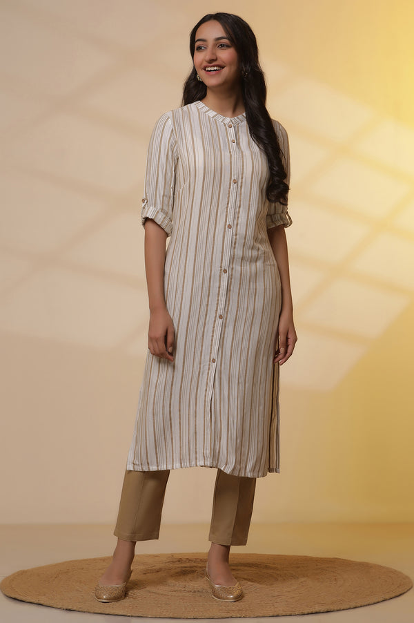 Beige Stripe Printed Straight Kurta and Pants Set