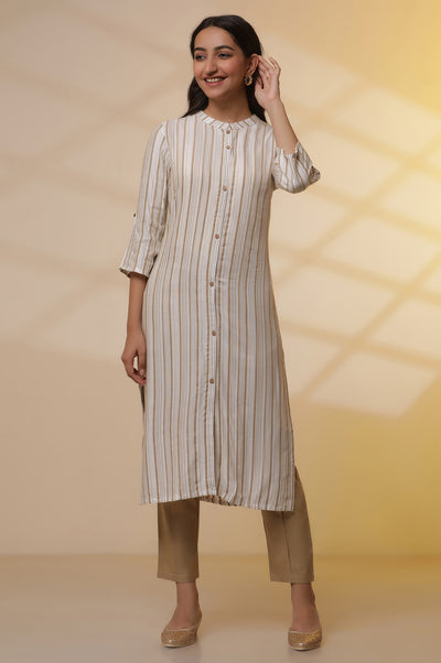 Beige Stripe Printed Straight Kurta and Pants Set