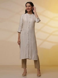 Beige Stripe Printed Straight Kurta and Pants Set