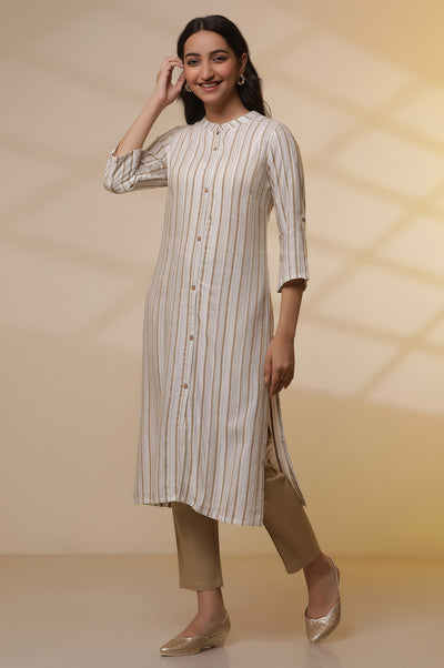 Beige Stripe Printed Straight Kurta and Pants Set