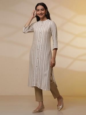 Beige Stripe Printed Straight Kurta and Pants Set